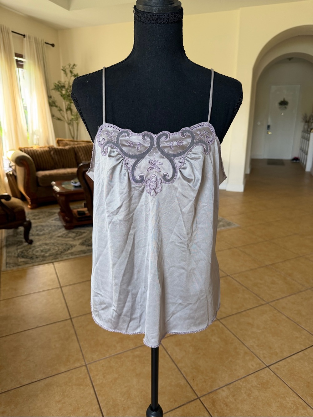 Vintage 1970’s  Vanity Fair Women's Lavender Embroidered Satin Cami Tank Top